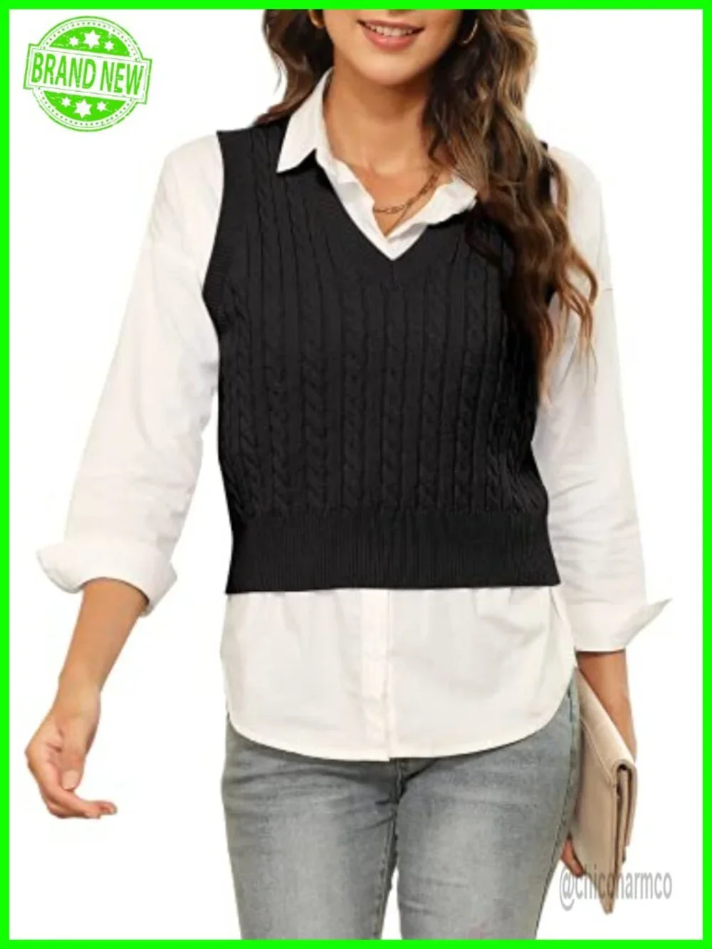 Women's Knitted V-Neck Vest Argyle Plaid Preppy Sleeveless Pullover Crop